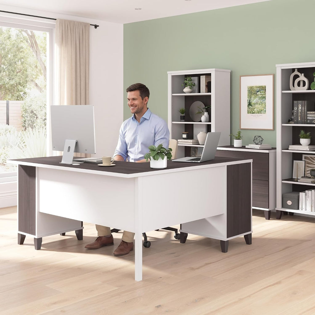 Bush Home 60-Inch L-Shaped Desk with Storage, Corner Computer Office Desk with Drawers and Storage Cabinet, Home Office Furniture, Somerset Collection, Storm Gray and White