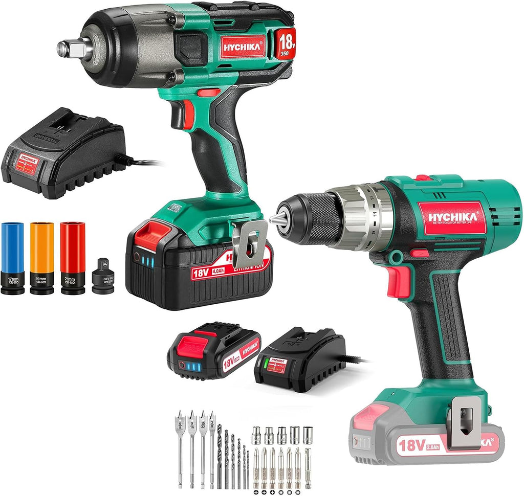 HYCHIKA 18 V Max Cordless Impact Wrench, Cordless Hammer Drill Driver 18V, 2-Tool Power Tool Combo Kit