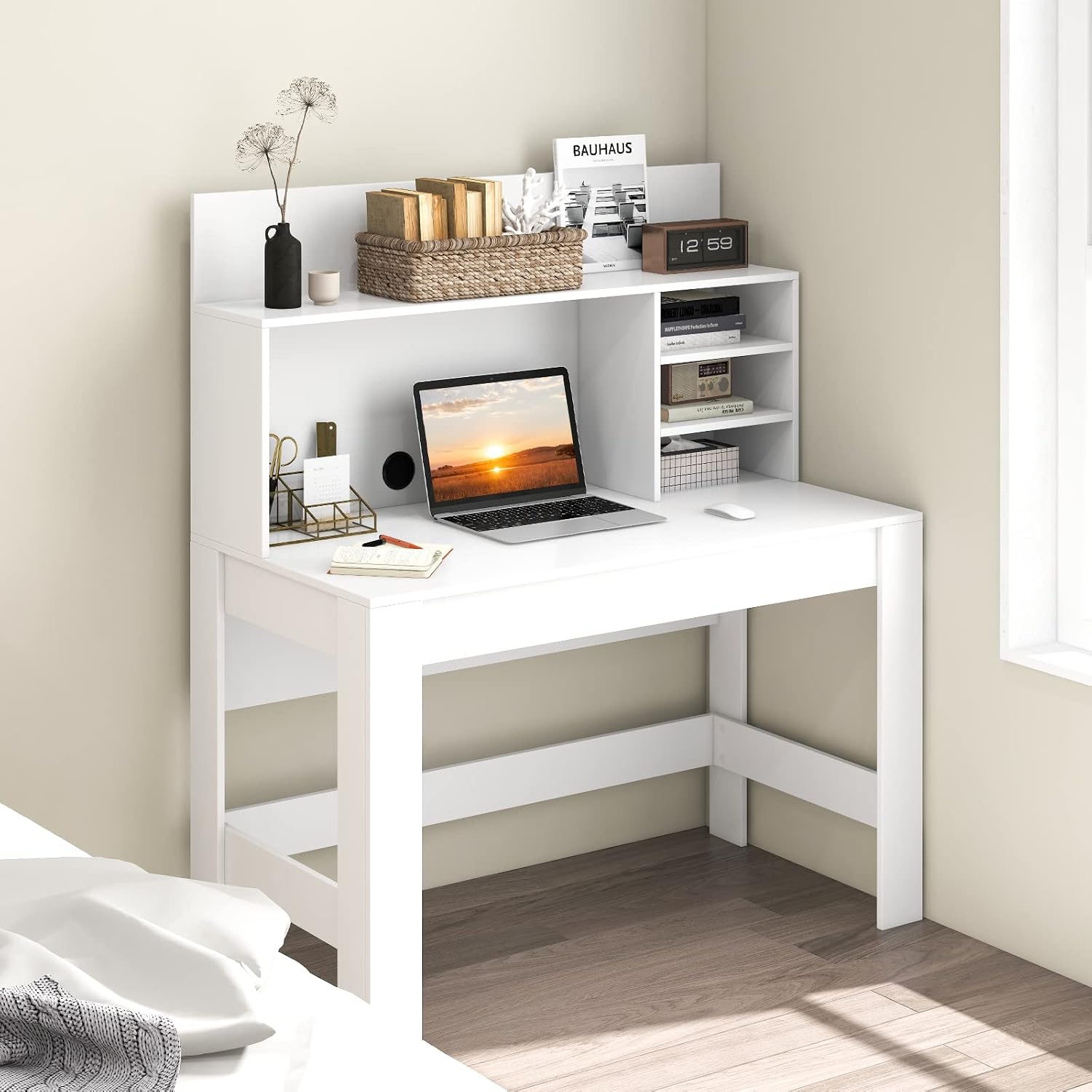 Tangkula White Desk with Hutch, Home Office Desk with Bookshelf, Writing Study Desk with Anti-Toppling Device & Cable Hole, Modern Computer Workstation PC Laptop Desk for Small Space, Bedroom