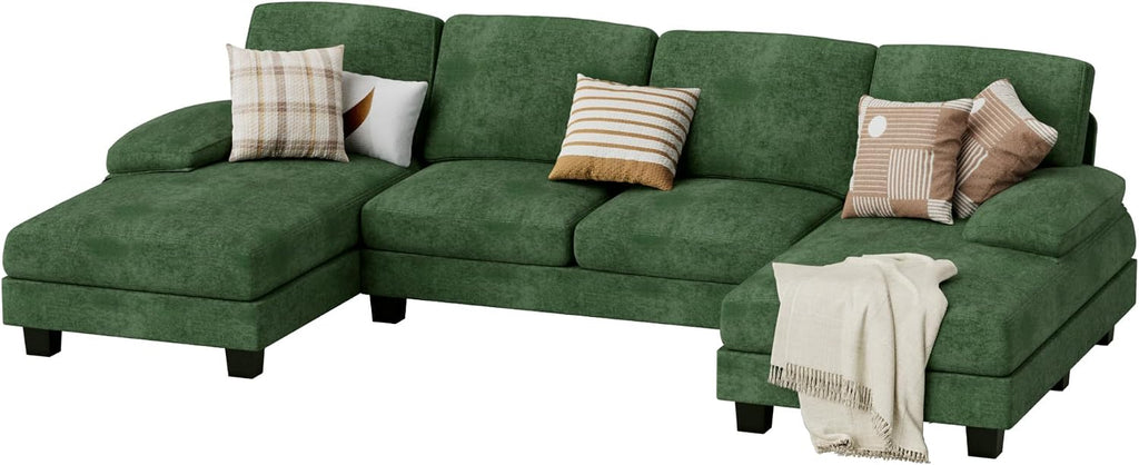 JUMMICO Sectional Couches for Living Room, U Shaped Couch with Chenille Fabric, 4 Seat Modern Sofa with Removable Pillows for Apartment and Small Space (Fabric, Green)