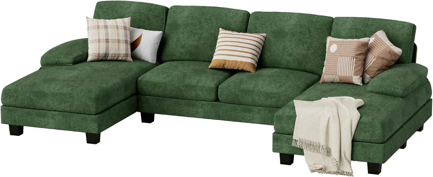 JUMMICO Sectional Couches for Living Room, U Shaped Couch with Chenille Fabric, 4 Seat Modern Sofa with Removable Pillows for Apartment and Small Space (Fabric, Green)