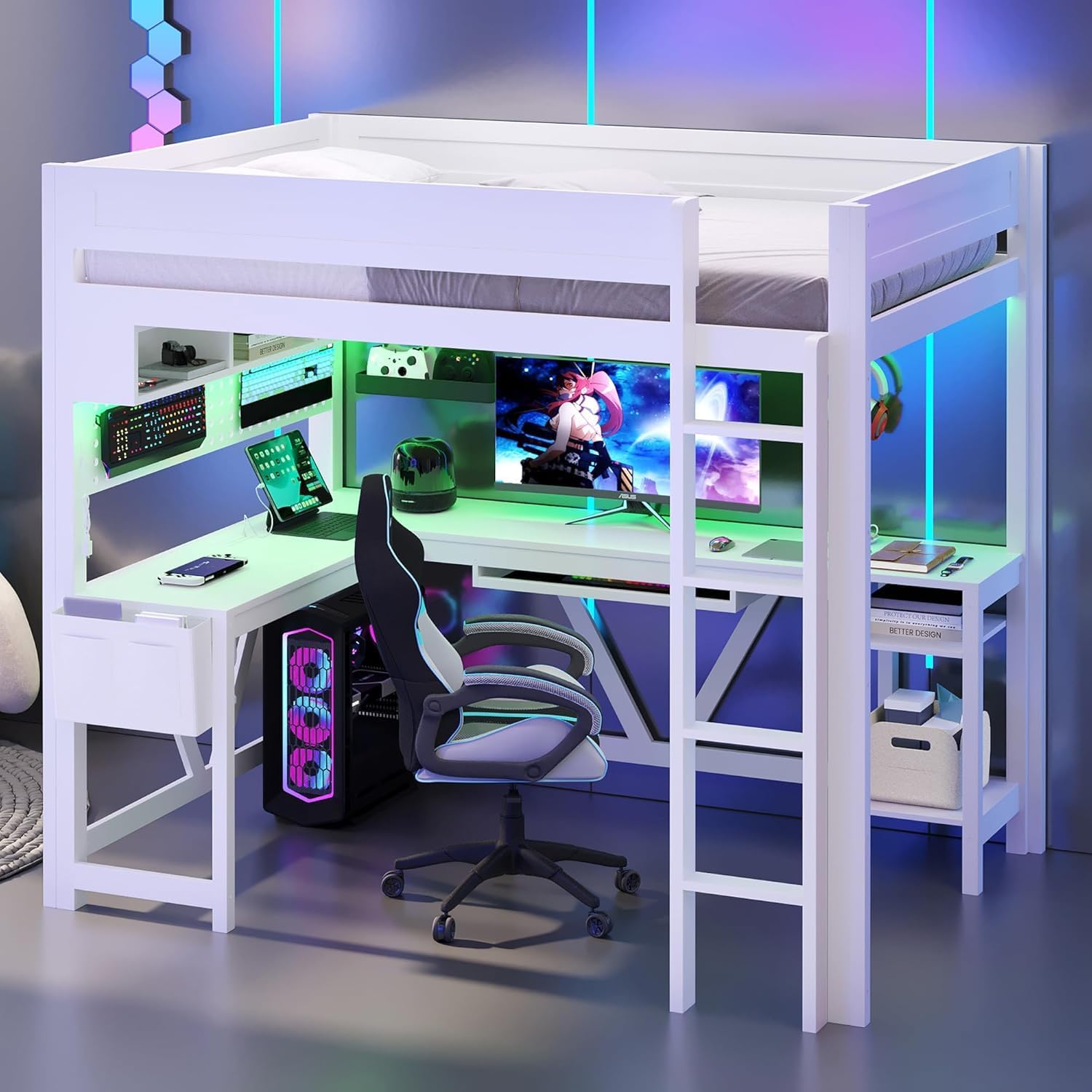 Virubi Full Gaming Loft Bed with Desk and Storage Shelves, LED RGB and Charging Station, Wood High Loft Bed with Storage Case, Ladders,and Guardrails for Adults Teens (White)