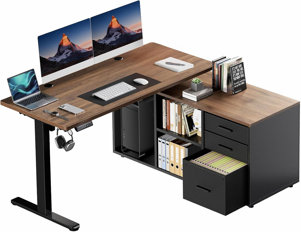HUANUO L Shaped Standing Desk, Electric Executive Desk with Drawers, Adjustable Height Stand Up Desk, 55″ x 23.6″ One-Whole Piece Desktop, Home Office Computer Desk with 4 Memory Presets, Walnut