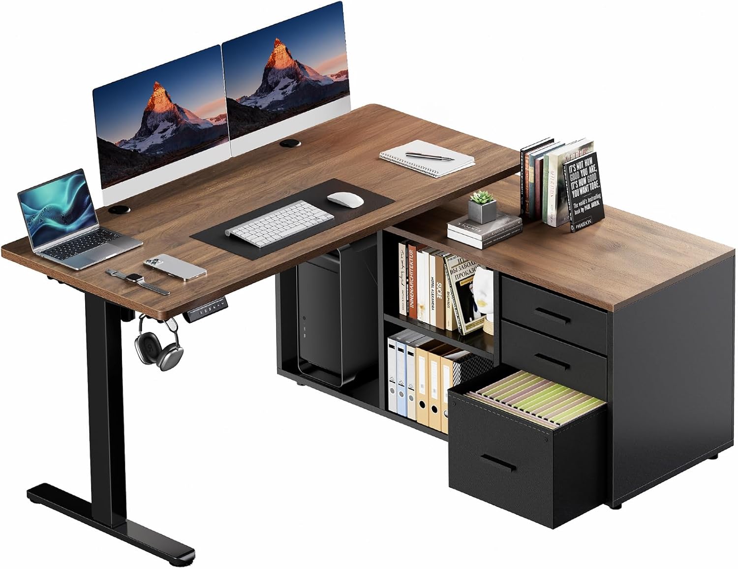 HUANUO L Shaped Standing Desk, Electric Executive Desk with Drawers, Adjustable Height Stand Up Desk, 55″ x 23.6″ One-Whole Piece Desktop, Home Office Computer Desk with 4 Memory Presets, Walnut