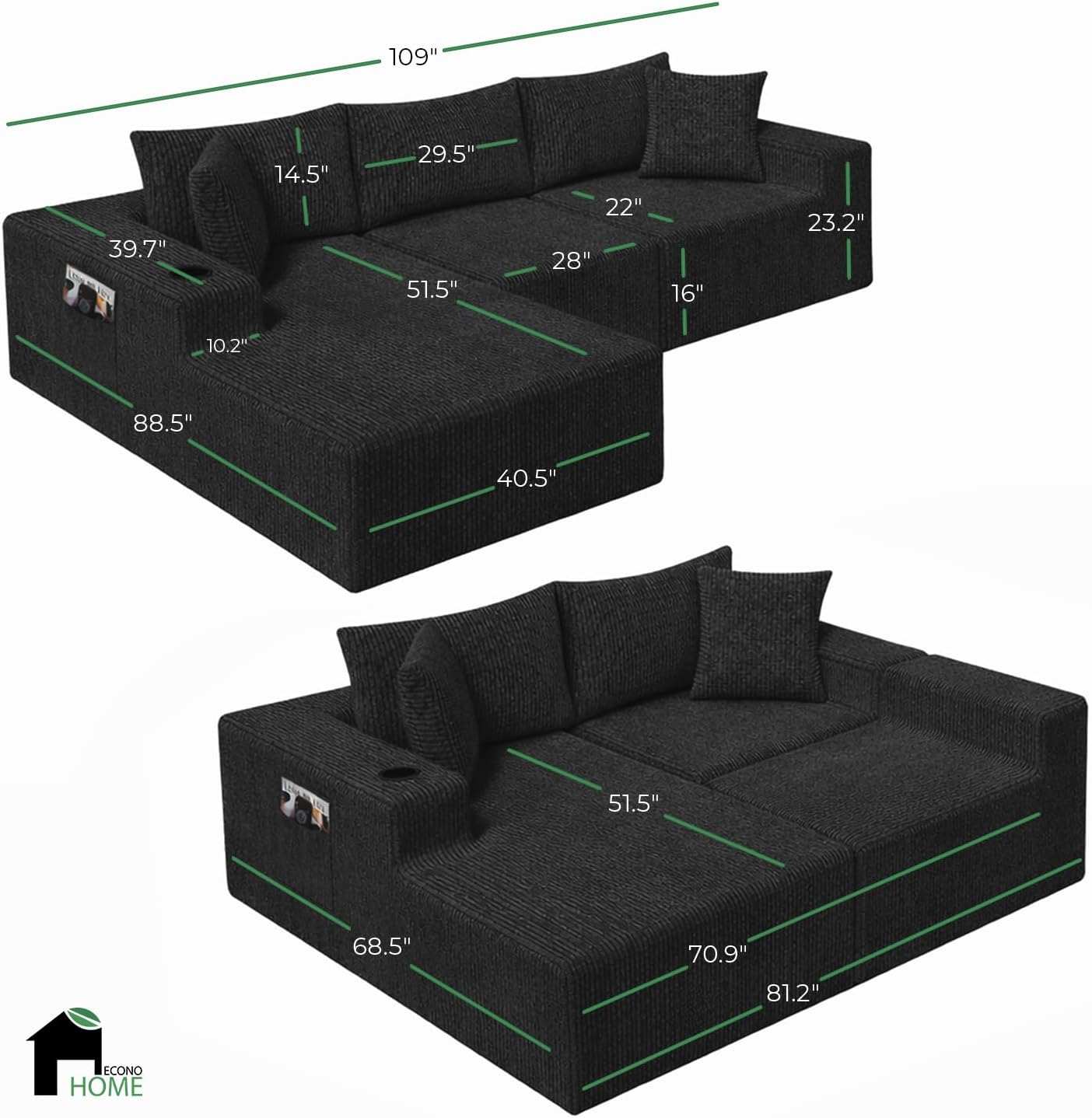 EconoHome Boneless Cloud Sectional Sofa - Plush Deep Seat L-Shaped Couch for Relaxing & Entertaining, Durable Construction & Easy Assembly, Perfect Addition to Any Living Room