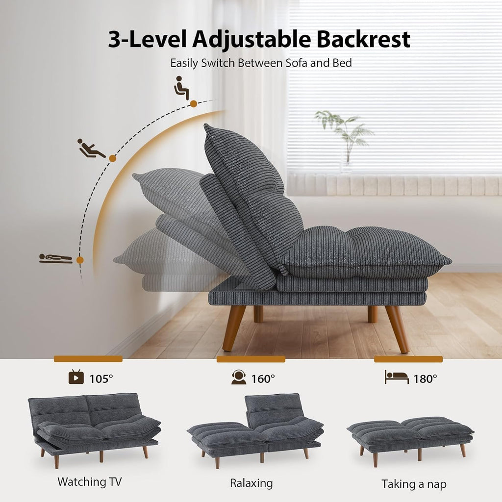 Pipishell Futon Sofa Bed, Convertible Futon Adjustable Backrest & Armrests, Corduroy Sleeper Couch for Small Spaces, Living Room, Office, Guest Room (Asphalt Grey, 66 Inch)