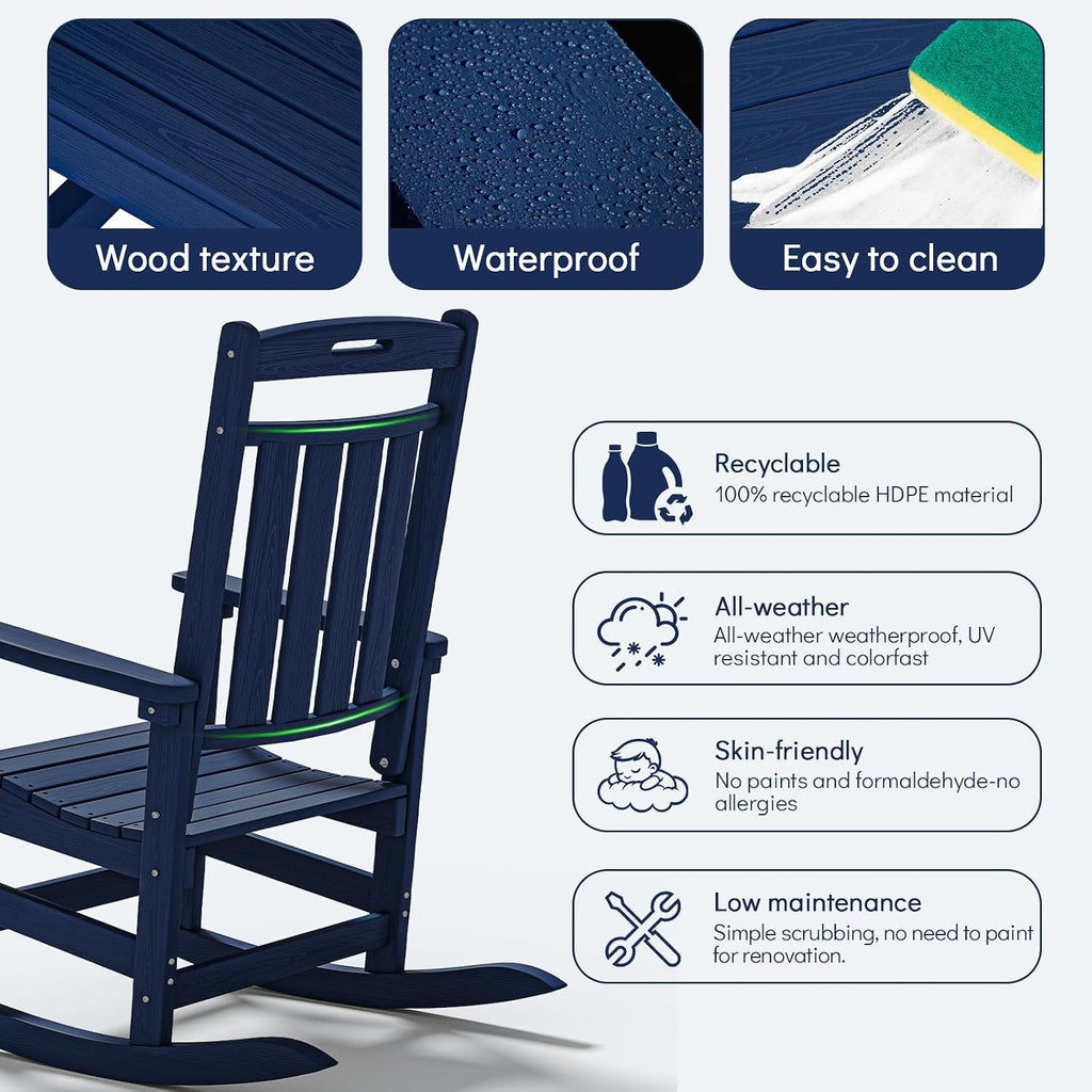 Plawdlik Oversized Outdoor Rocking Chair - All-Weather Resistant,HDPE Heavy Duty Patio Rockers with High Back - Perfect for Porch,Garden,Modern Style Set of 2-Navy Blue