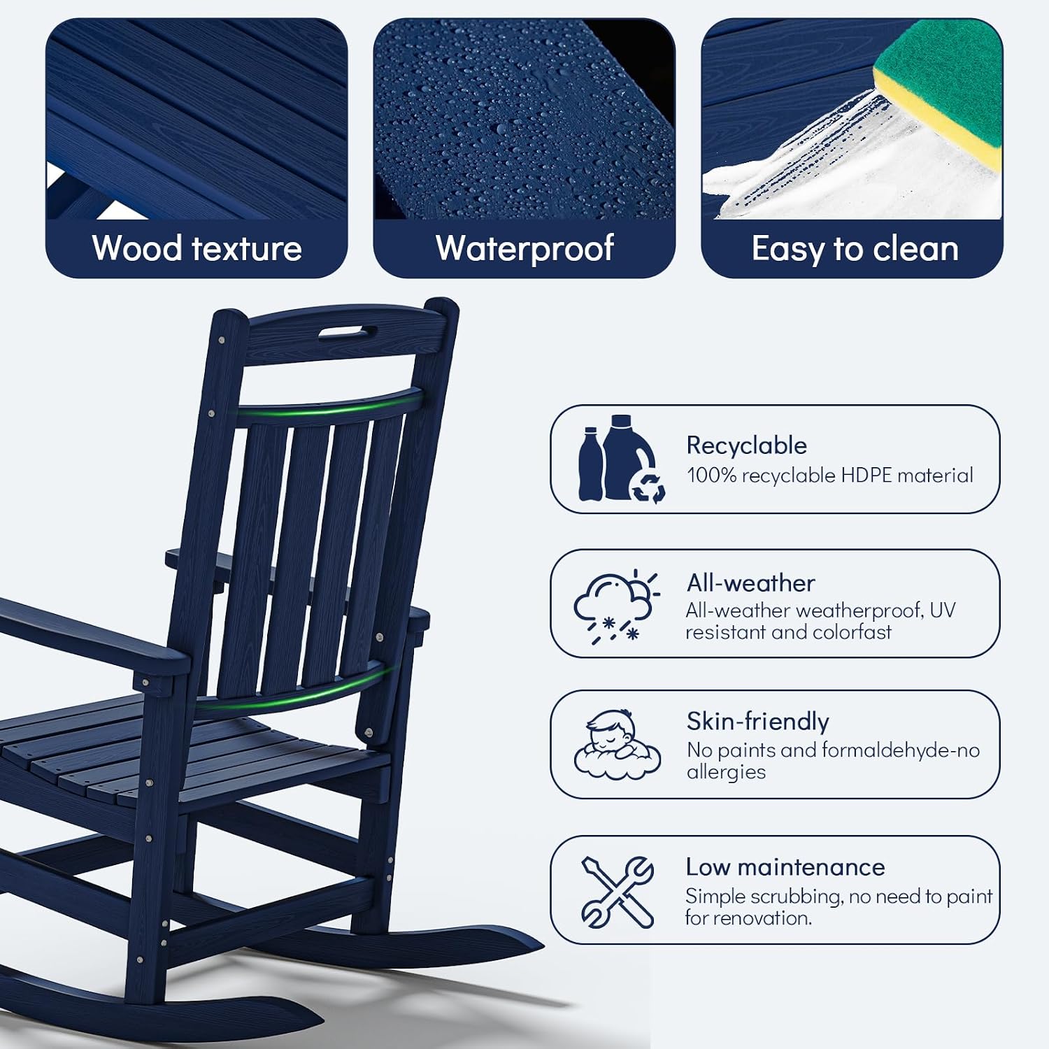 Plawdlik Oversized Outdoor Rocking Chair - All-Weather Resistant,HDPE Heavy Duty Patio Rockers with High Back - Perfect for Porch,Garden,Modern Style Set of 2-Navy Blue