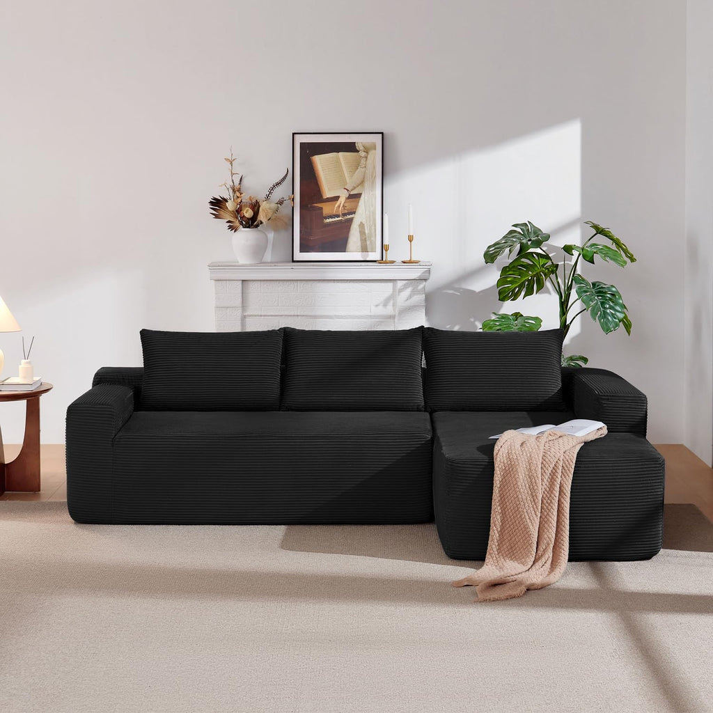 97' Cloud Sectional Couch,Modern Modular Sectional Sofa with Deep Seat,Corduroy Boneless Couches with L-Shape Chaise for Living Room Bedroom,No Assembly Required (Black, 97' Right Facing Chaise)