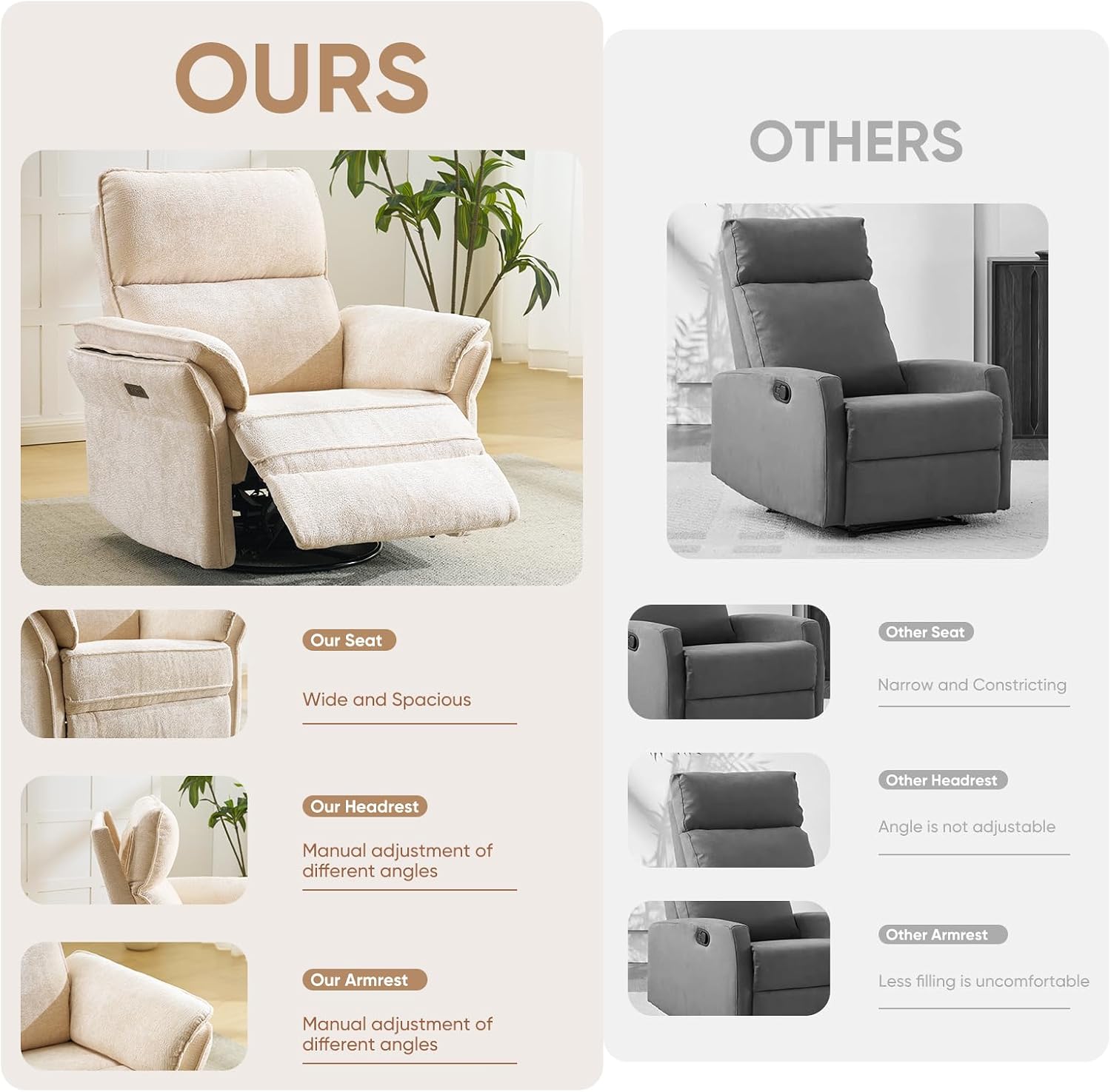 Oversized Power Recliner Chair Swivel Glider with Massage and Heat, Rocker Nursery Recliner for Adults with Adjustable Headrest, 26' Extra Wide Nursery Chair with Overstuffed Armrest,Beige