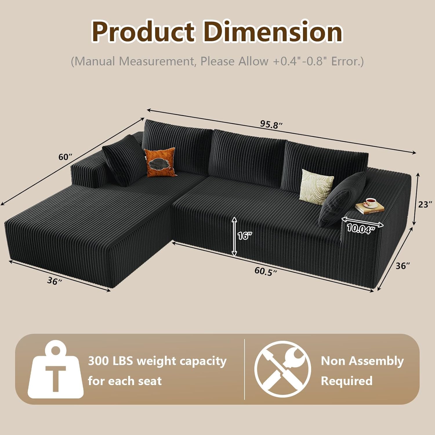96' Modular Sectional Couch, Boneless L Shaped Cloud Sofa with Chaise Lounge, Corduroy Upholstered Couches Memory Foam Deep Seat, No Assembly Required, Ideal for Living Room(Black, Left Facing)