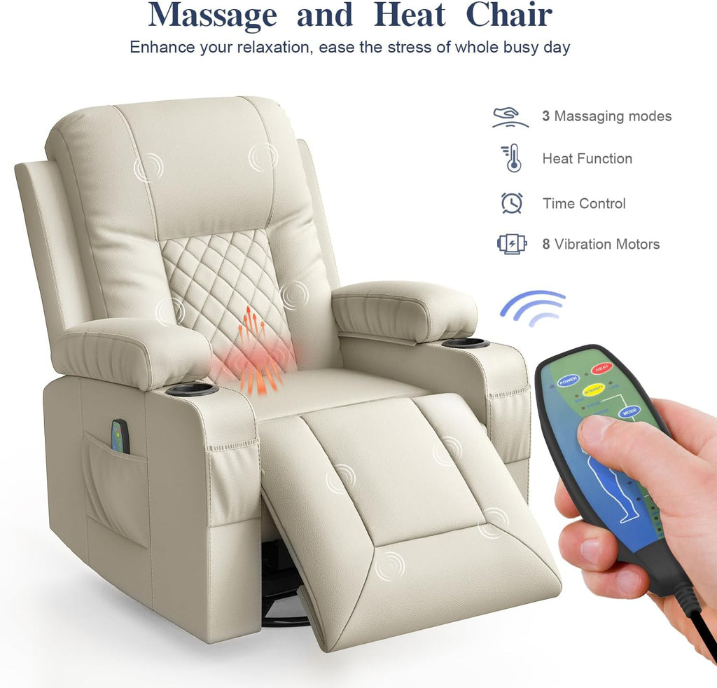 FURNIMAT Recliner Chairs for Adults, Massage Rocker with Heated Modern Ergonomic Lounge 360 Degree Swivel Single Sofa Seat Living Room Lounge Recliners Ivory White