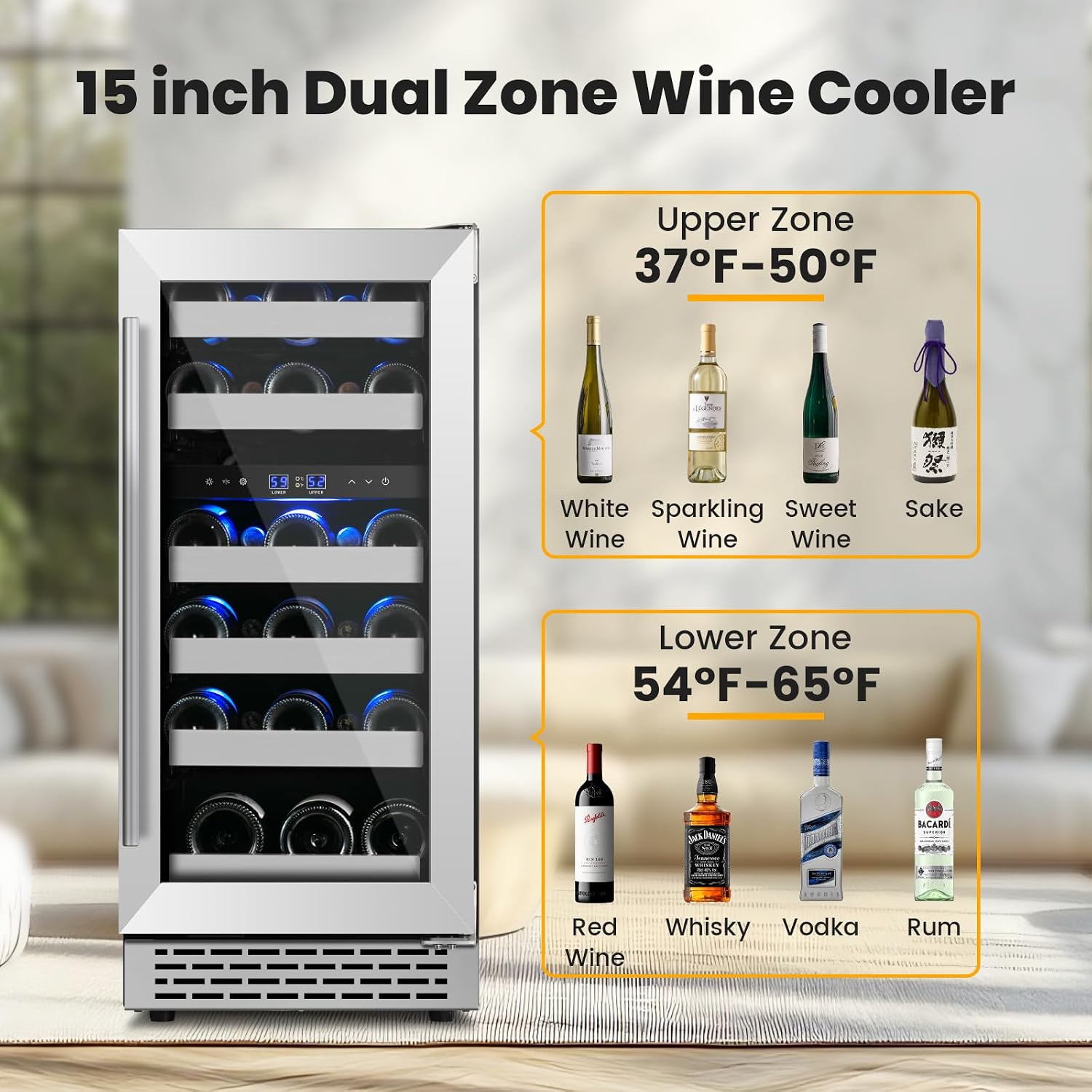 Wine Fridge Freestanding,15 Inch Wine Cooler Under Counter,28 Bottle Built-in Dual Zone Wine Refrigerator with Stainless Steel Reversible Door for Home and Kitchen