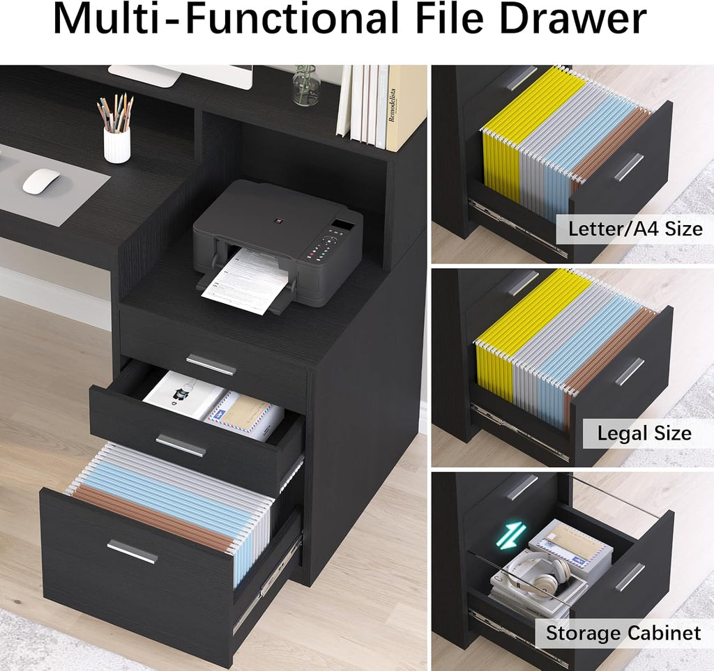 YOMILUVE Computer Desk with 3 Drawer & Storage Shelves, Home Office Desk with File Drawer & Cabinet, Writing Study Table with Long Monitor Stand & Printer Shelf, Executive Desk, Black
