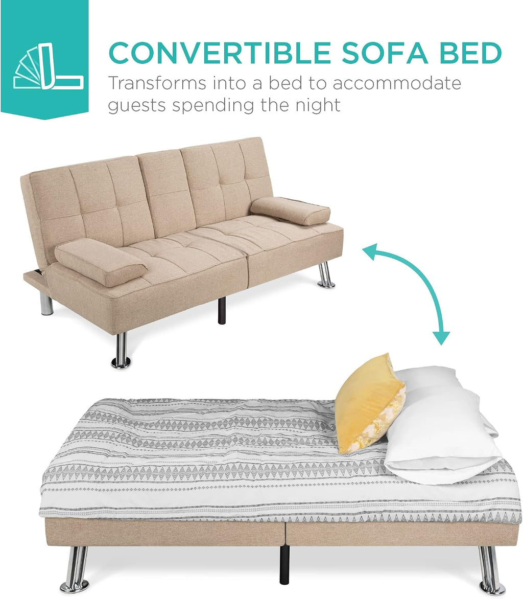 Best Choice Products Linen Modern Folding Futon, Reclining Sofa Bed for Apartment, Dorm w/Removable Armrests, 2 Cupholders - Beige