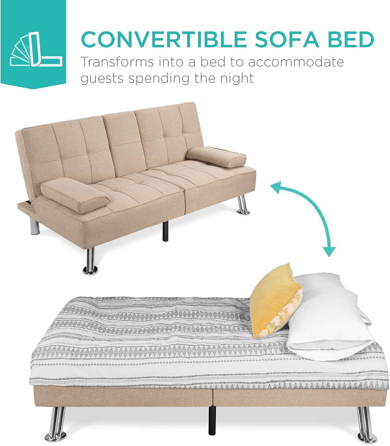 Best Choice Products Linen Modern Folding Futon, Reclining Sofa Bed for Apartment, Dorm w/Removable Armrests, 2 Cupholders - Beige