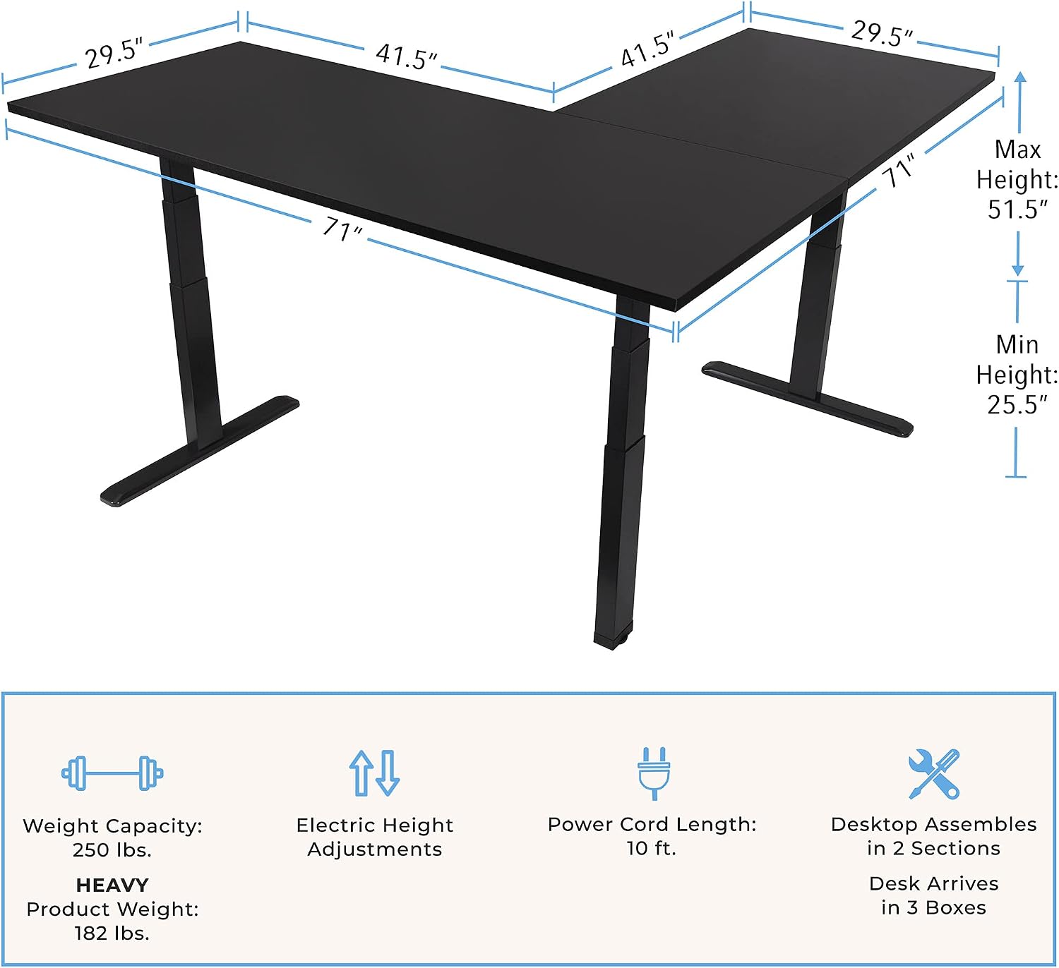 Stand Steady Tranzendesk Power Extra Large 71 Inch Electric L-Shaped Corner Standing Desk, Height Adjustable Ergonomic Corner Desk & Sit Stand Workstation, Fits 4 Monitors (Black, 71in x 71in)