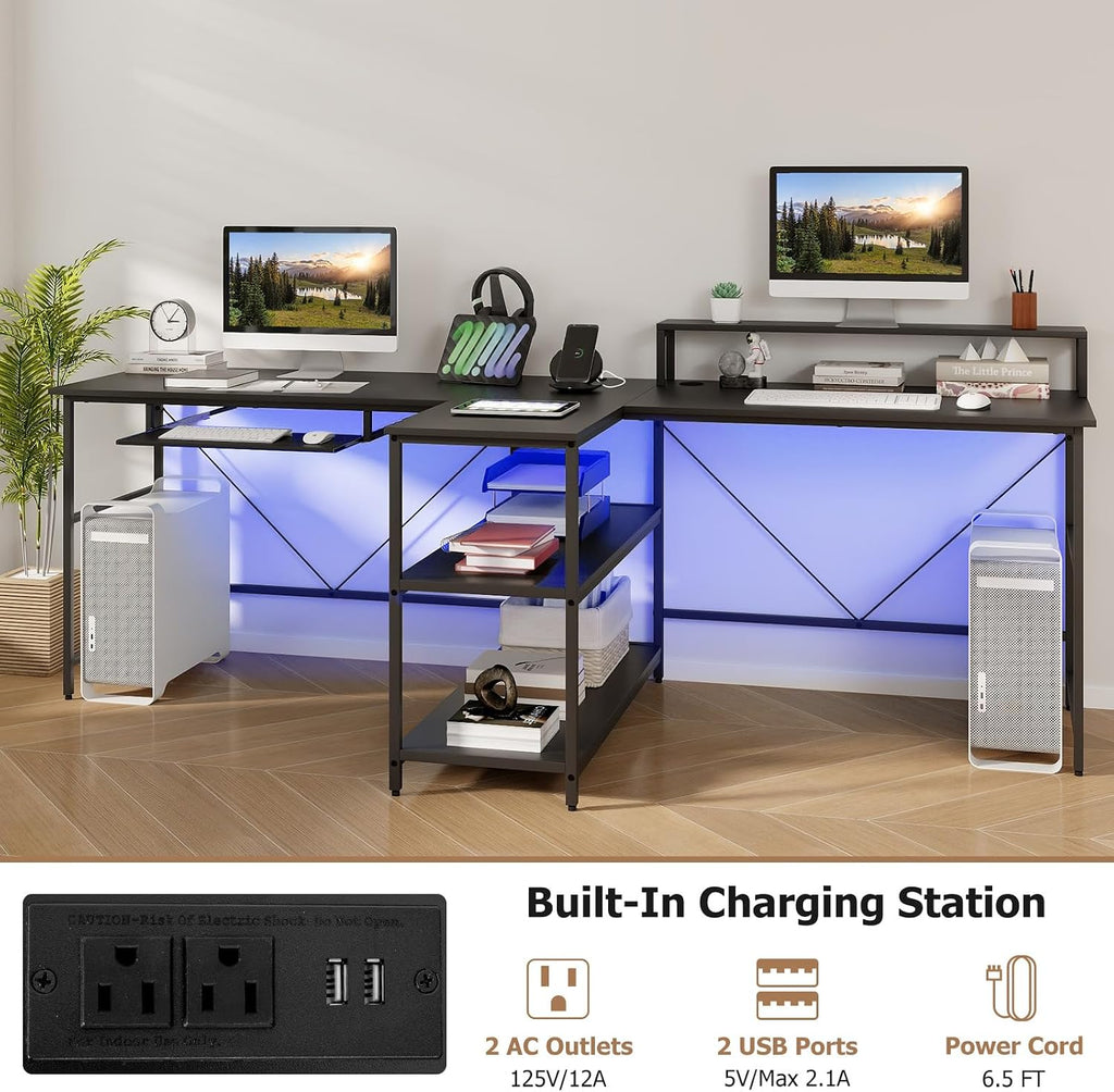Giantex 94.5' 2 Person Desk with LED Lights, Long PC Study Desk with Storage Shelves, Power Outlets, Keyboard Tray & Monitor Stand, Double Computer Desk Workstation for Home Office (Black)