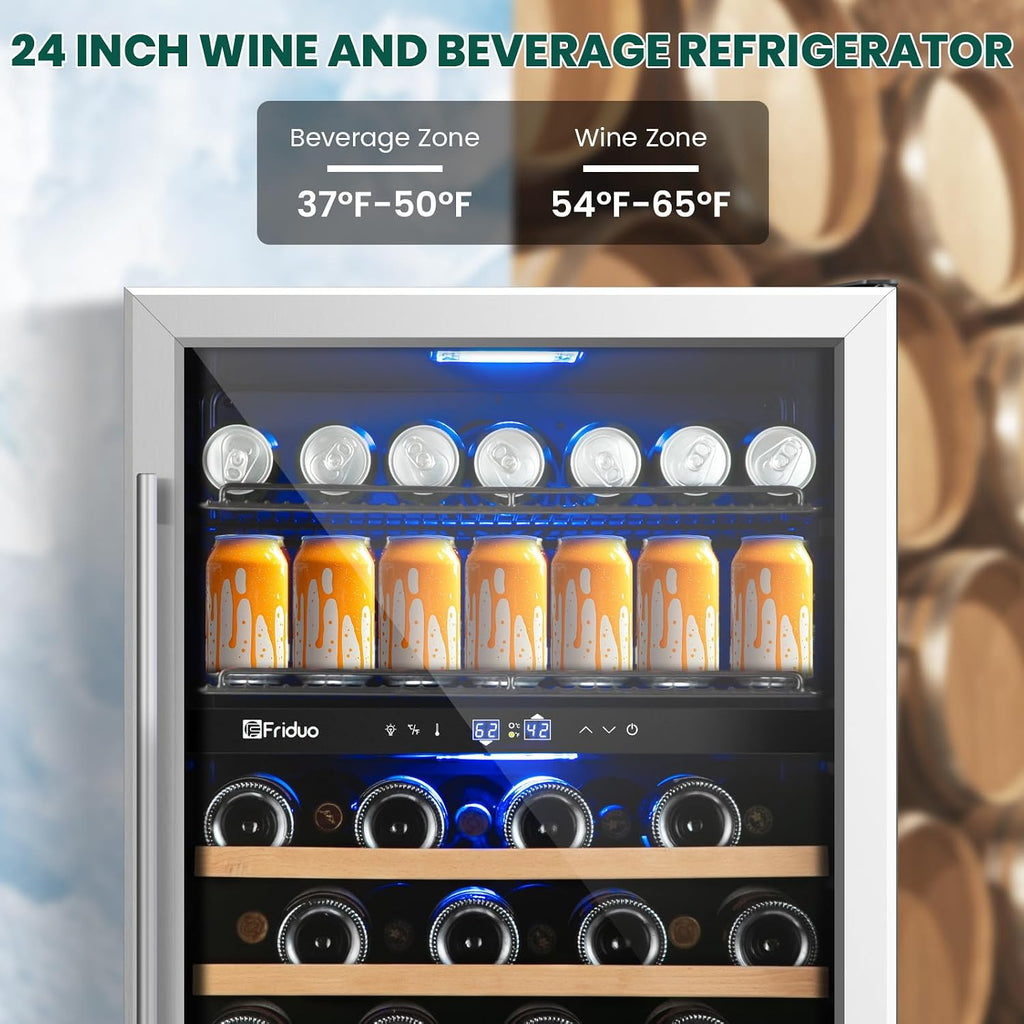 24 Inch Beverage Refrigerator,30 Bottles & 82 Cans Dual Zone Beverage Fridge Built-In or Freestanding With Glass Door for Soda, Wine, Water - For Kitchen, Bar Or Office
