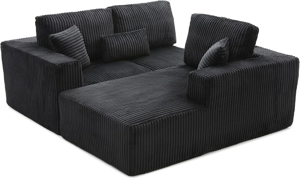 L Shaped Modular Boneless Sectional Couches for Living Room, Wide Armrest, Deep Seat, Memory Foam, Assembly Free, Modern Comfy Corduroy Fluffy Cloud Sofa with Right Chaise, Black
