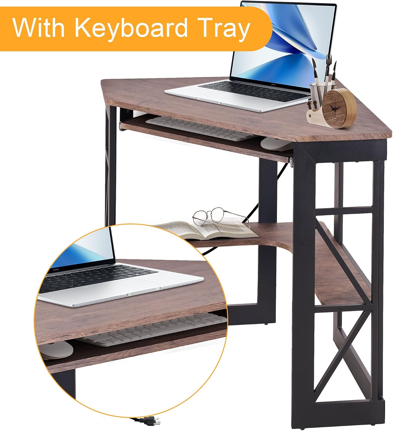 VECELO Corner Desk Computer Desk 41'x30'with Charging Station & Keyboard Tray & Storage Shelves for Small Space,Triangle Table for Home Office Bedroom,Rustic Natural Brown