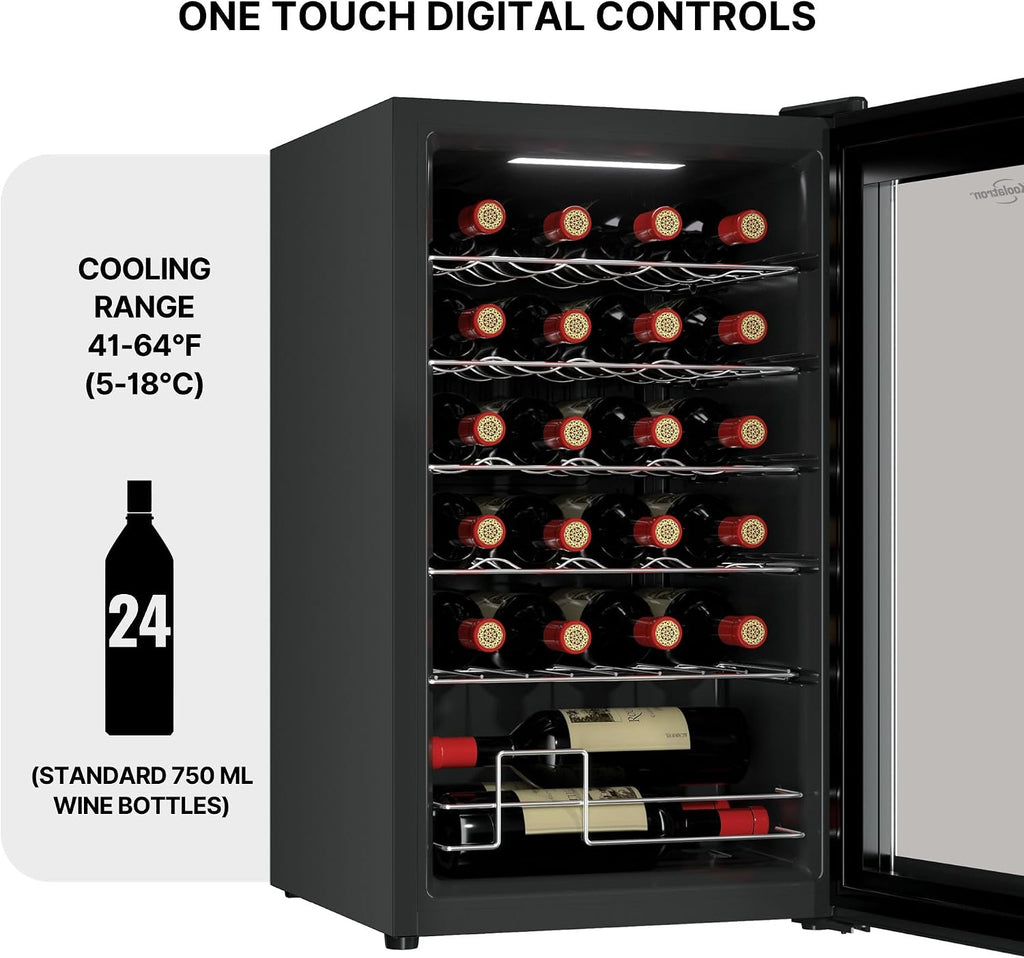 Koolatron 24 Bottle Wine Cooler Black Compressor Wine Fridge | 2.4 cu ft (68 L) Freestanding Wine Cellar | Red White & Sparkling Wine Storage | UV-Blocking Glass | Home Bar Kitchen Apartment Condo