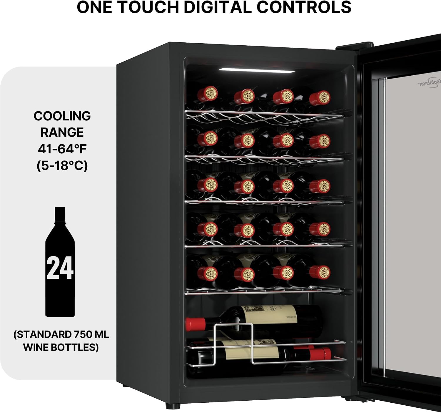 Koolatron 24 Bottle Wine Cooler Black Compressor Wine Fridge | 2.4 cu ft (68 L) Freestanding Wine Cellar | Red White & Sparkling Wine Storage | UV-Blocking Glass | Home Bar Kitchen Apartment Condo