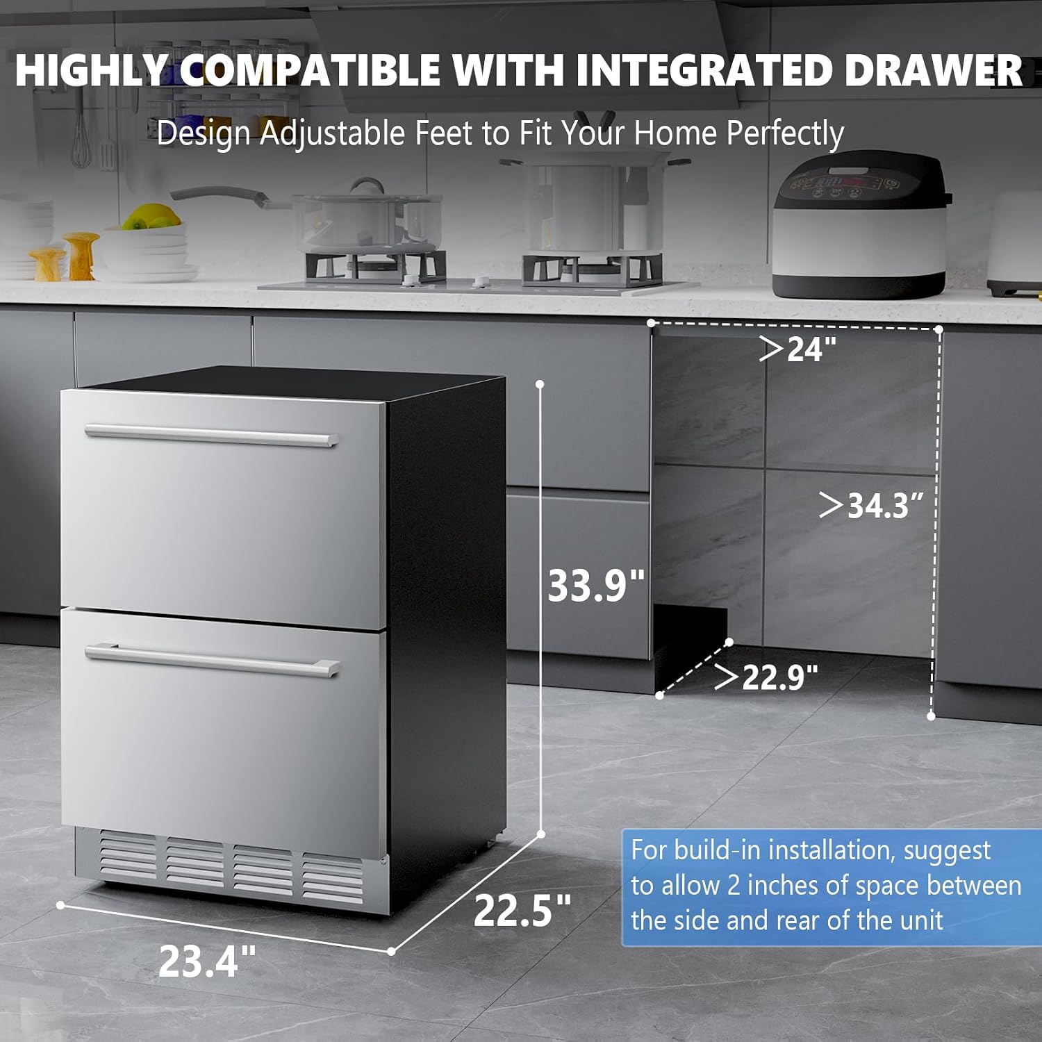 COWSAR Under Counter Double Drawer Refrigerator, 24 Inch Weather Proof Outdoor Beverage Fridge, Built-in Stainless Steel Beverage Cooler, 145 Cans for Kitchen & Commercial, Silver
