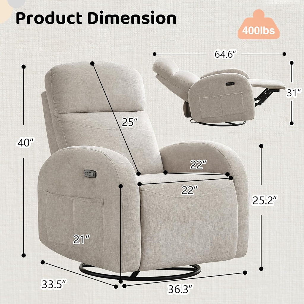 Nursery Glider Recliner, Power Swivel Rocking Recliner with USB & Type-C Port, Swivel Nursering Reclining Rocker with Double Pockets for Living Room, Camel Chenille