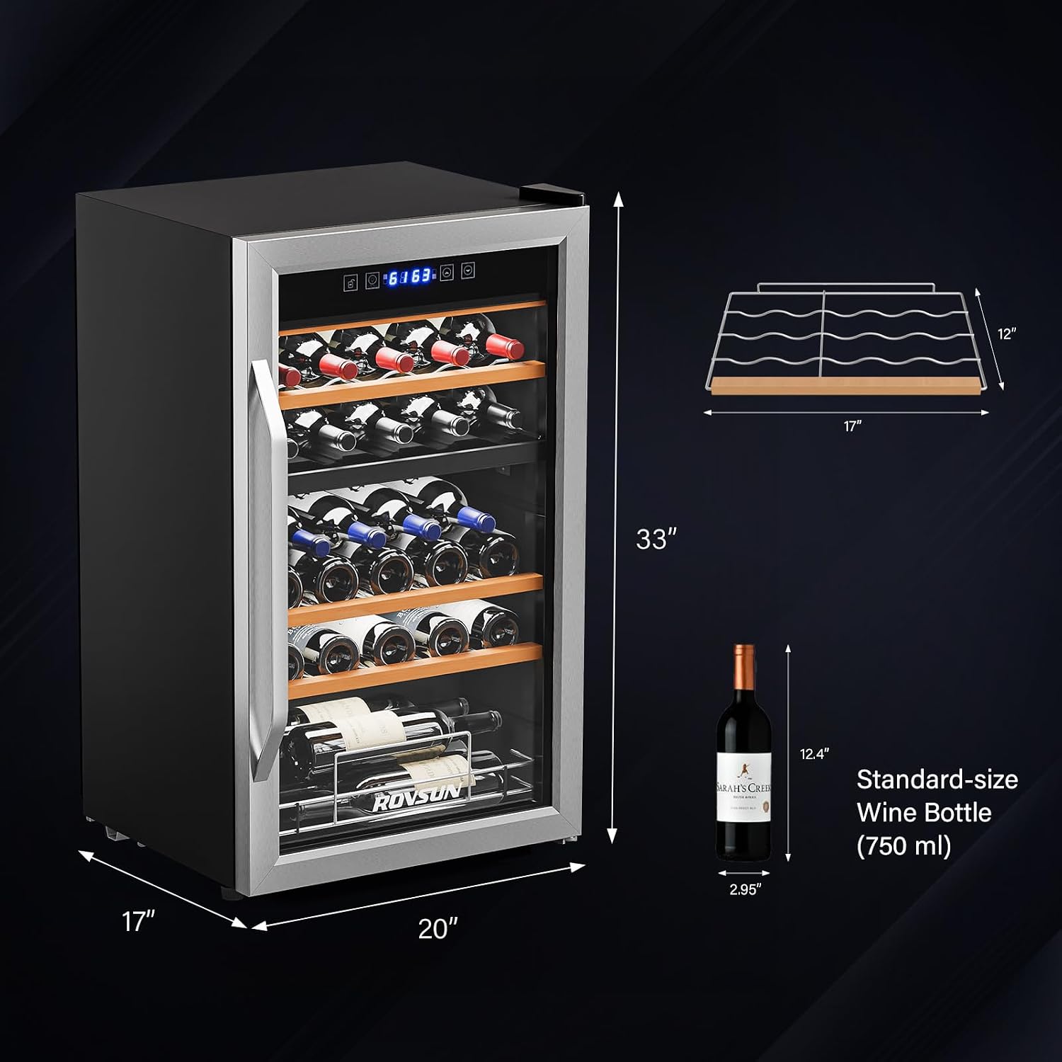 ROVSUN Dual Zone Beverage Cooler Refrigerator, 33 Bottle Chiller with Glass Door & Digital Temperature Control, Freestanding for Wine, Champagne, Beer