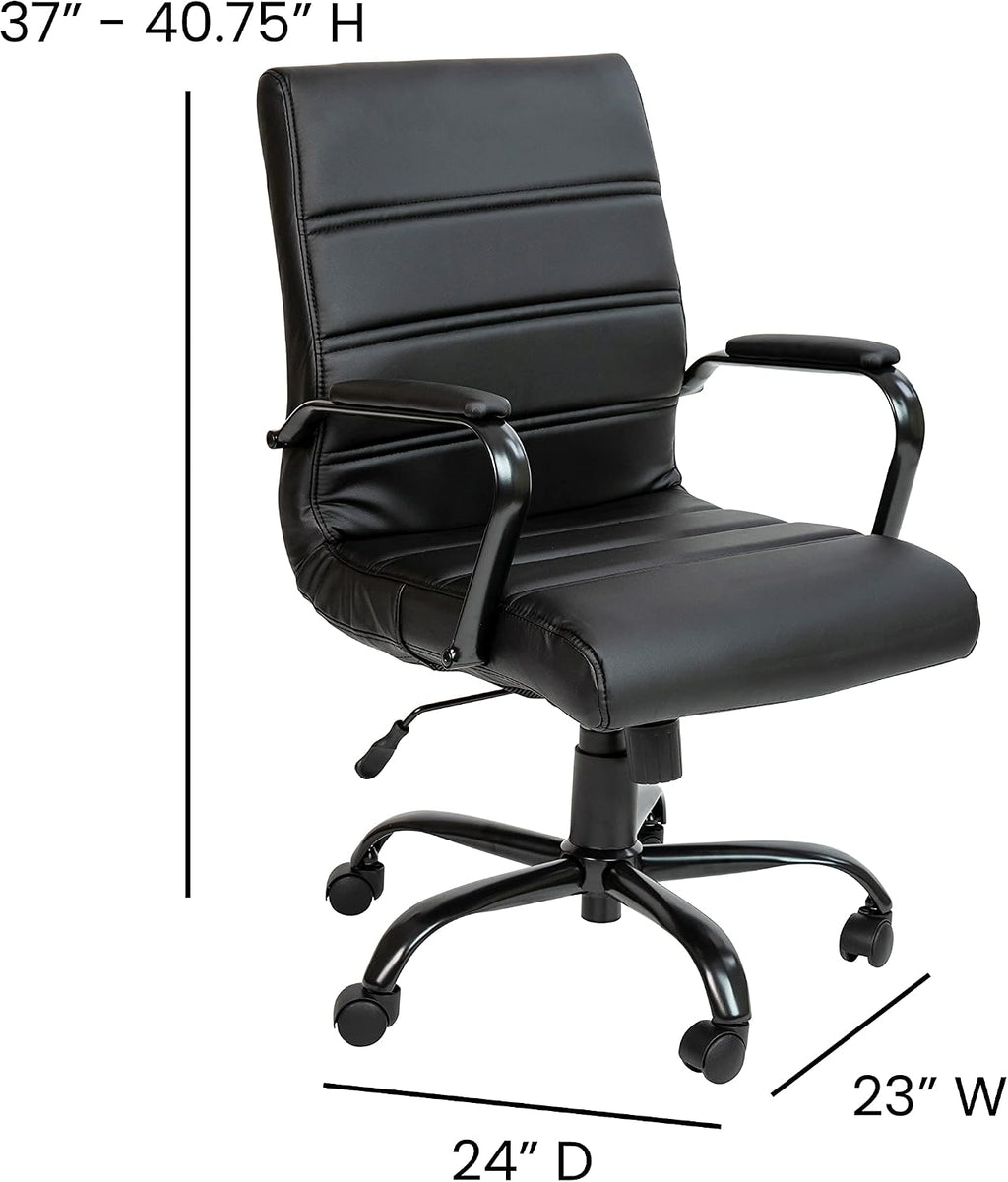Flash Furniture Whitney Mid-Back Swivel LeatherSoft Desk Chair with Padded Seat and Armrests, Adjustable Height Padded Office Chair, Black