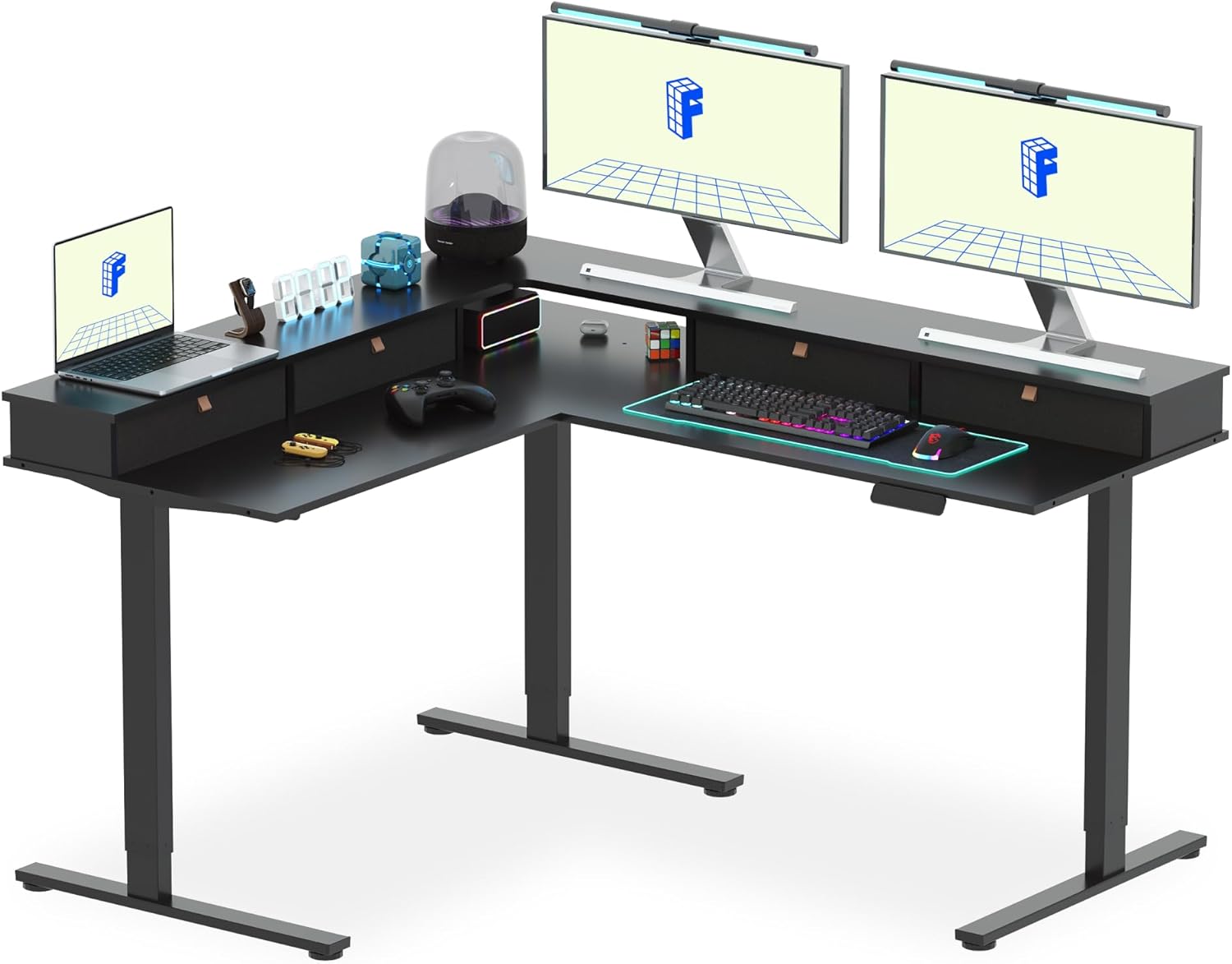 FLEXISPOT 63' L Shaped Standing Desk Electric Corner Table with Monitor Shelf, 4 Storage Drawers, Adjustable Computer Workstation for Home, Office, Game, Studio, Black Top + Black Frame