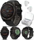 Garmin Fenix 8 47 mm, Multisport GPS Smartwatch, Solar, Sapphire, Carbon Gray DLC Titanium with Black/Pebble Gray Silicone, Built-in LED Flashlight, Voice Control White Earbuds Bundle