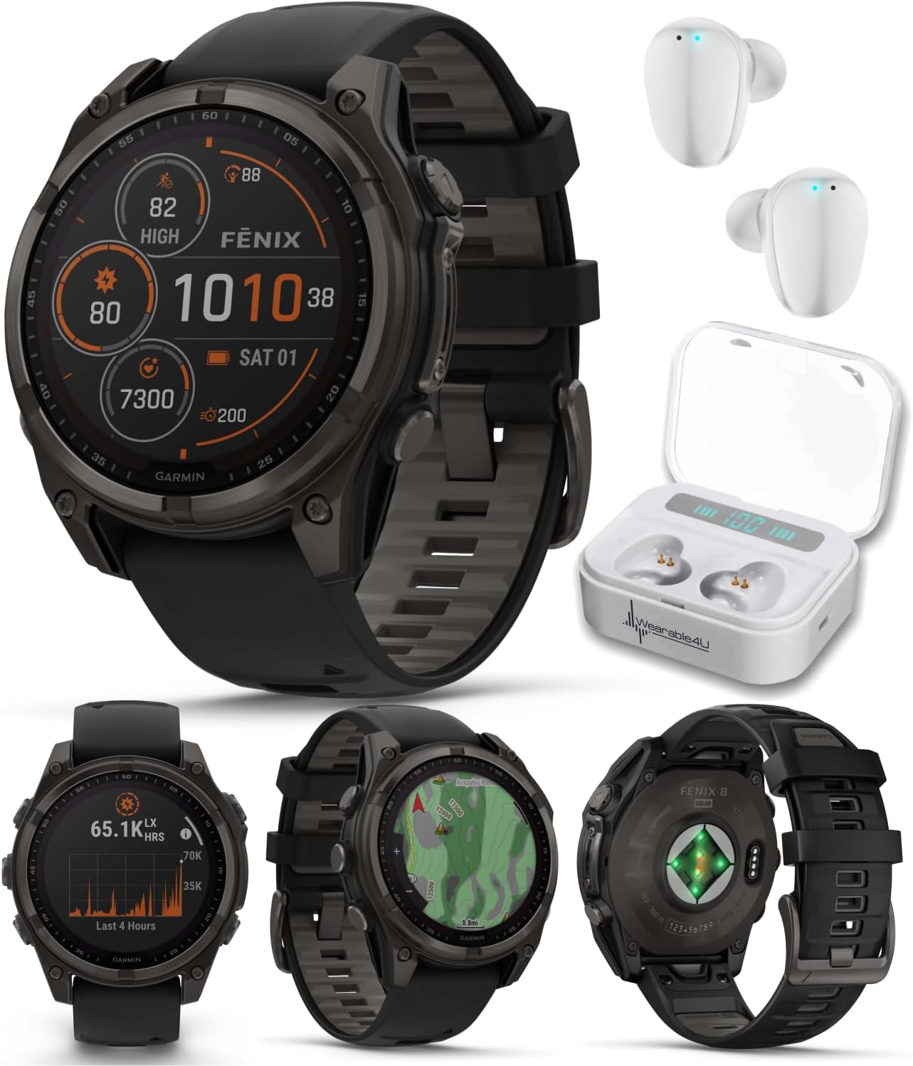Garmin Fenix 8 47 mm, Multisport GPS Smartwatch, Solar, Sapphire, Carbon Gray DLC Titanium with Black/Pebble Gray Silicone, Built-in LED Flashlight, Voice Control White Earbuds Bundle