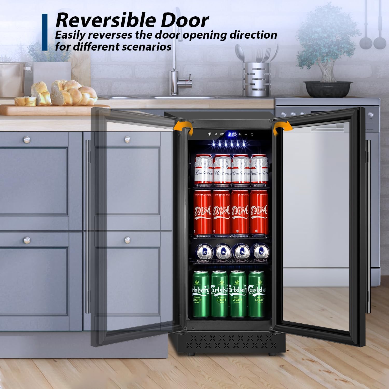 Tylza 15 Inch Beverage Refrigerator, Under Counter/Freestanding Drink Fridge, 130 Cans Beverage Cooler with Glass Door, Reversible Door, Low Noise, Quick Cooling - for Beer, Soda, ETC, Black