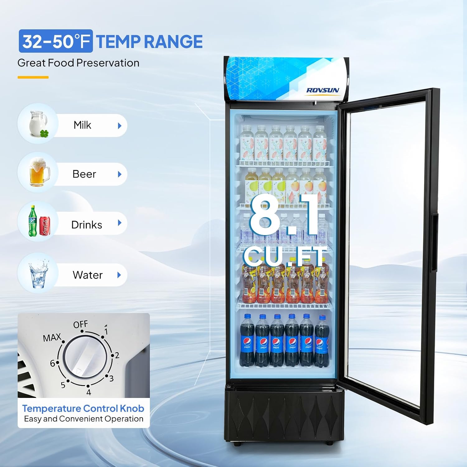 ROVSUN 8.5 Cu.Ft Commercial Refrigerator Display Refrigerator ETL NSF Certified, Slim Commercial Beverage Cooler Glass Door Merchandiser Drink Fridge w/Adjustable Shelves LED Light for Bar Restaurant