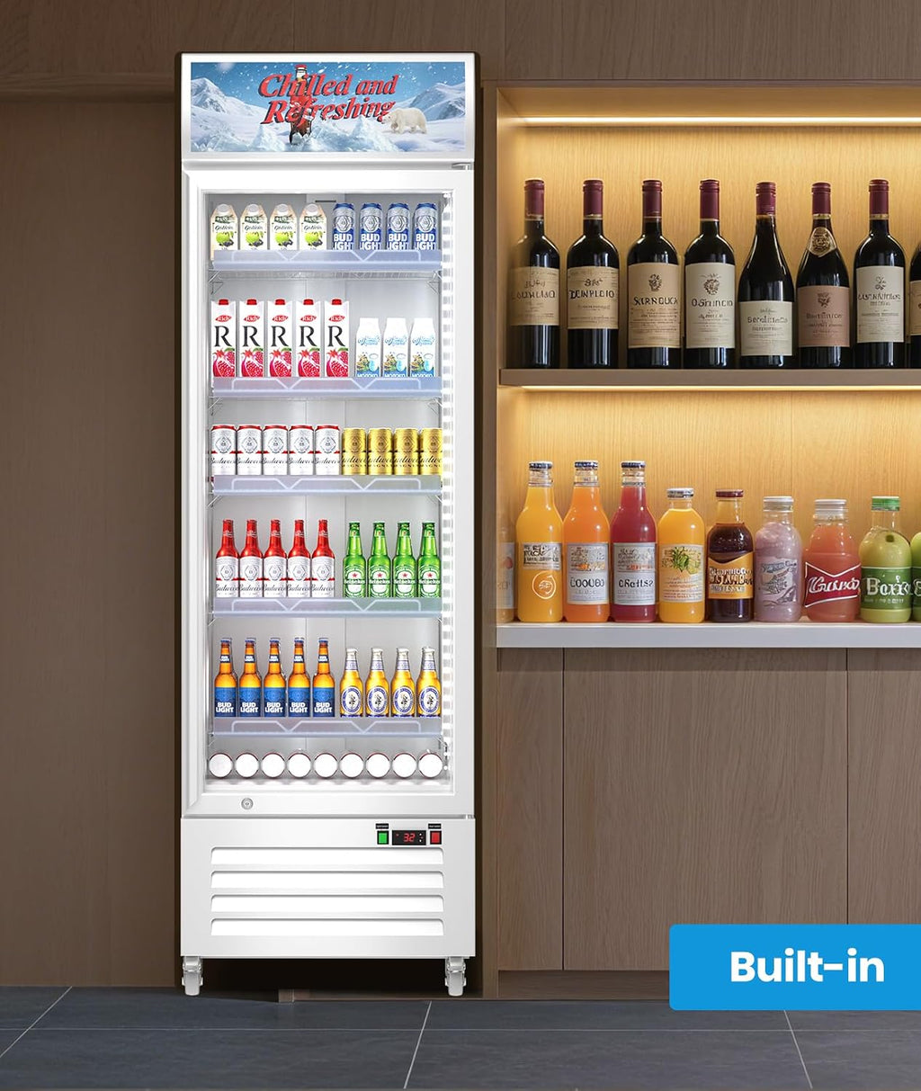 Tylza Commercial Refrigerator with Glass Door Display Beverage Fridge, 13.52 Cu Ft Upright Beverage Cooler Merchandiser with Rebound Door, Fast Cooling, Low Noise, White