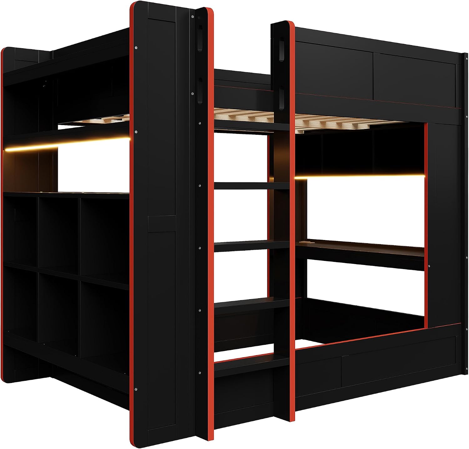 VilroCaz Wood Full Size Gaming Loft/Bunk Bed with Desk and Storage Shelves, Multifunctional Design Bunk Bed/Loft Bed with LED and Charging Station for Kids Teens Adults
