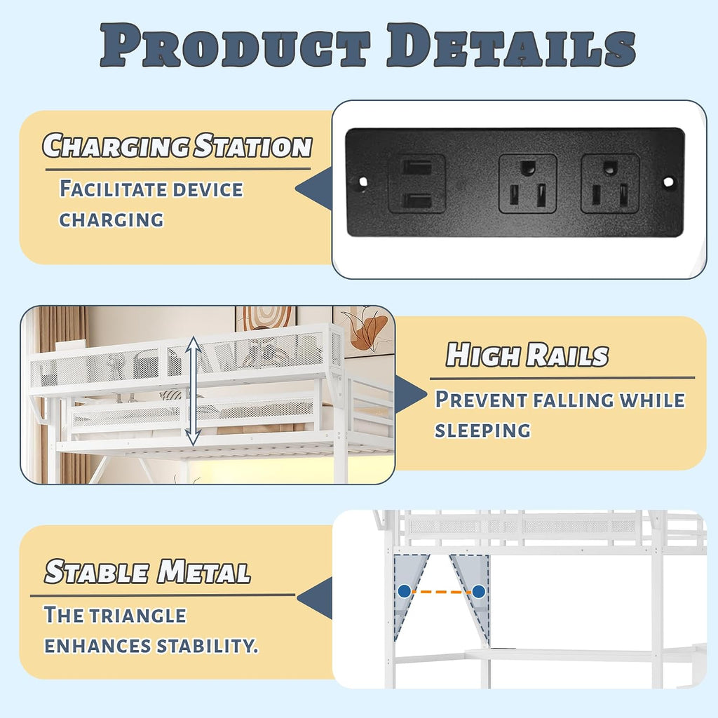 Queen Size Loft Bed with Stairs and Desk, Metal Gaming Loft Bed Frame with Bedside Shelf and Light, Heavy-Duty Adults Lofts Beds with Storage Wardrobe & Charging Station, White