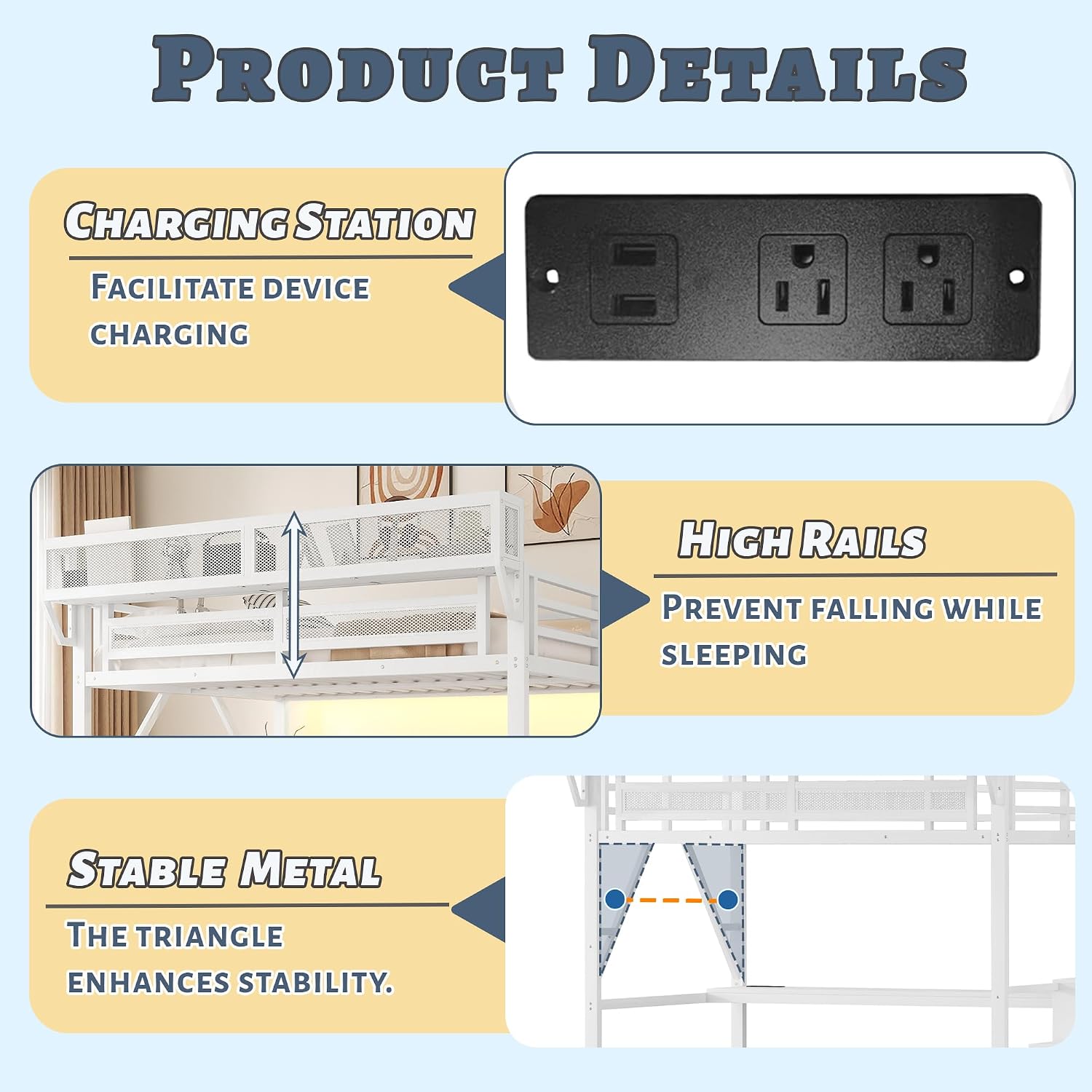 Queen Size Loft Bed with Stairs and Desk, Metal Gaming Loft Bed Frame with Bedside Shelf and Light, Heavy-Duty Adults Lofts Beds with Storage Wardrobe & Charging Station, White