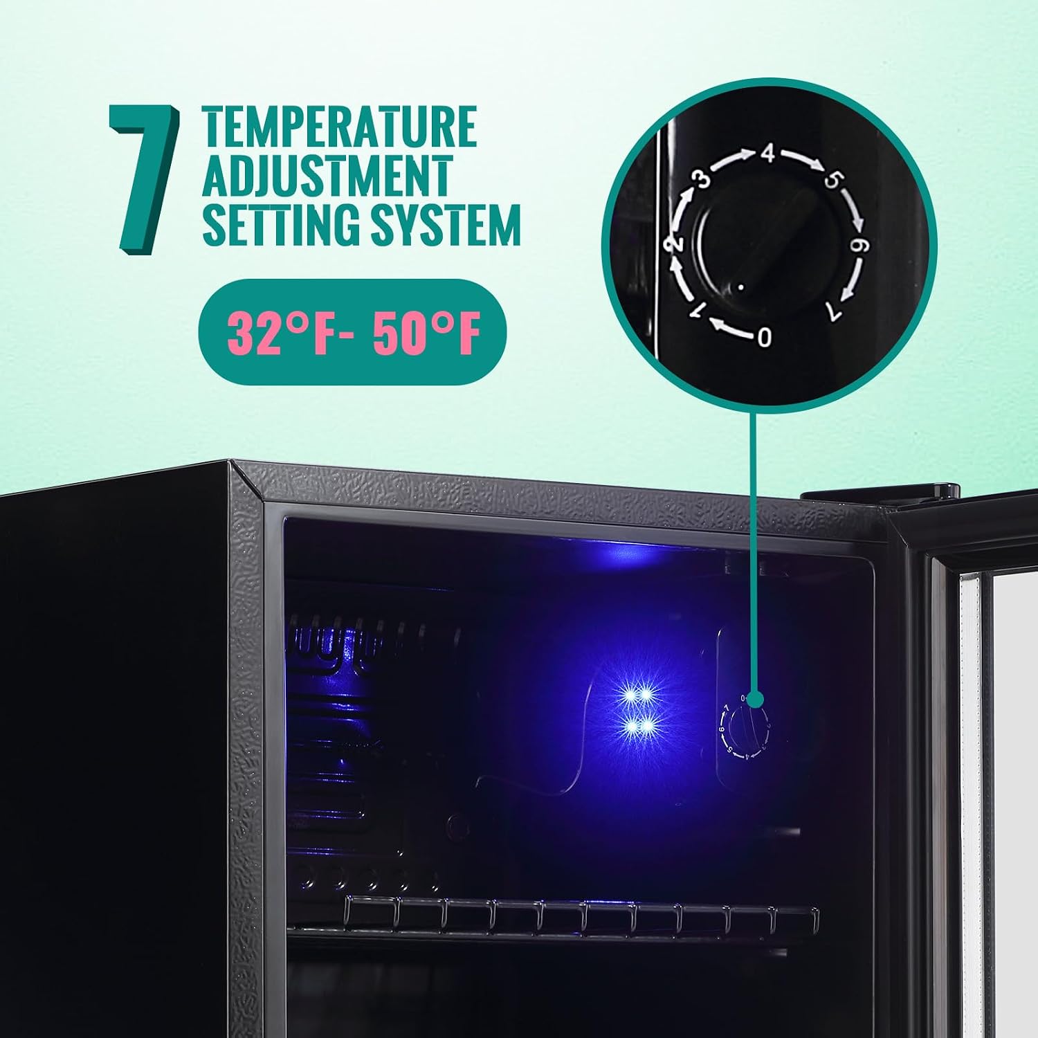 WANAI Beverage Refrigerator and Cooler with Glass Door - 80 Can Capacity, 2.6 Cu.ft Small Beer Fridge for Drinks, Soda, Wine- Mini Cooler with 7 Adjustable Temperature Control and Blue LED Light