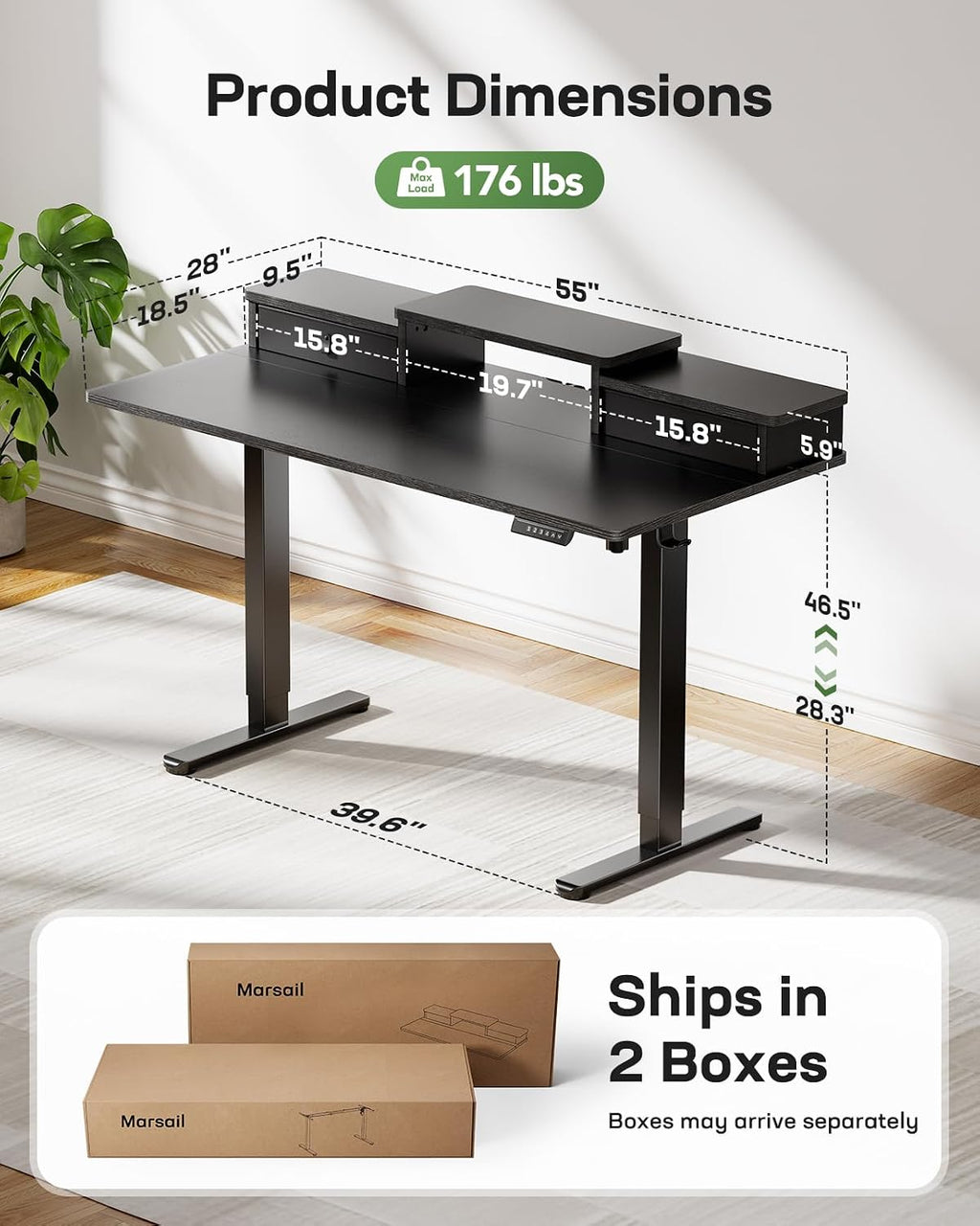 Marsail 55″ x 28″ Electric Standing Desk with Drawers, Height Adjustable Sit Stand Up Desk with Storage Shelf, Ergonomic Home Office & Computer Table with 4 Memory Heights, Black