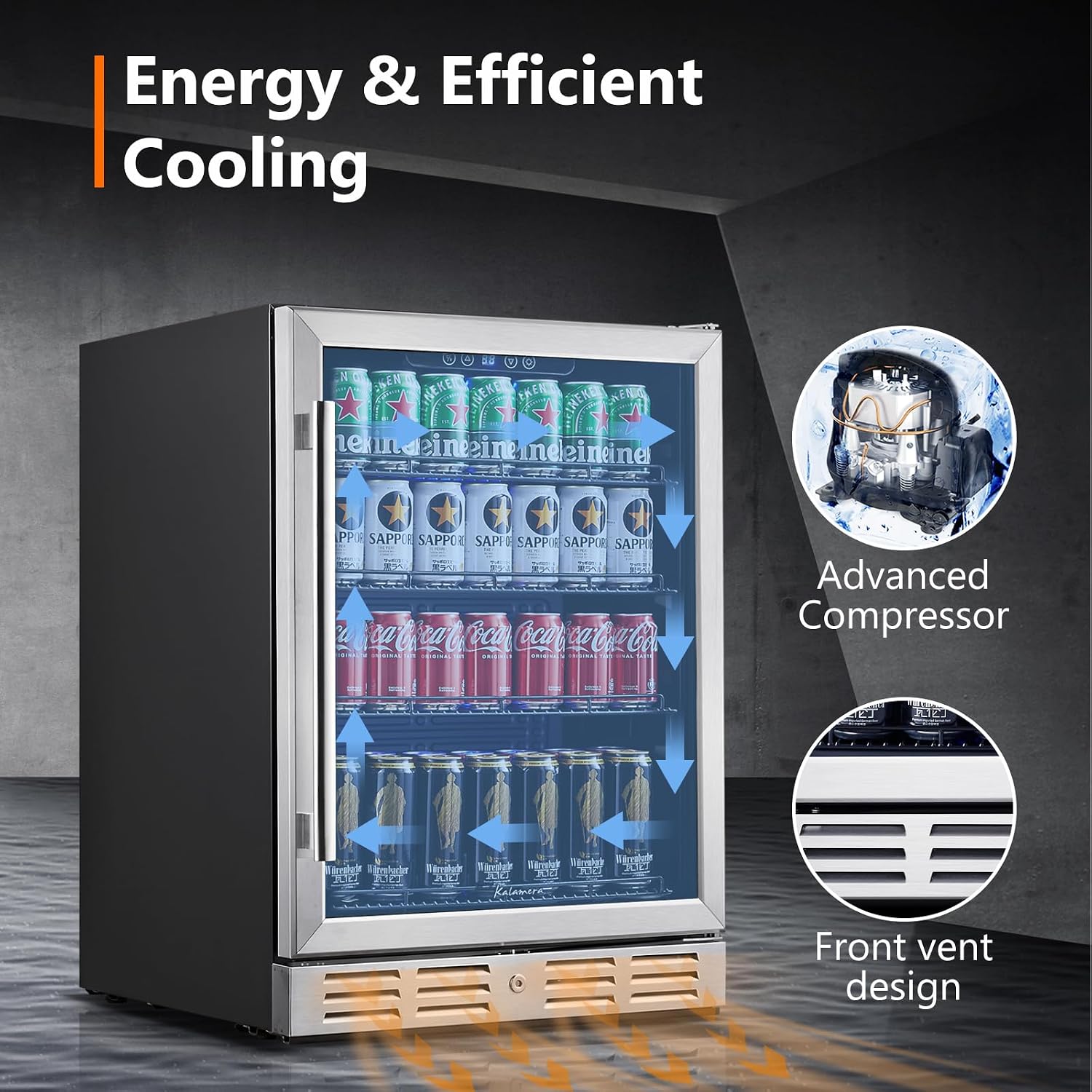 24 Inch Under Counter Beverage Fridge -Max 164Cans Capacity Drink cooler,Wide 24''Perfectly for Built in Space, Adjustable shelves for any size beverage/beer/soda Transparent door Refrigerator