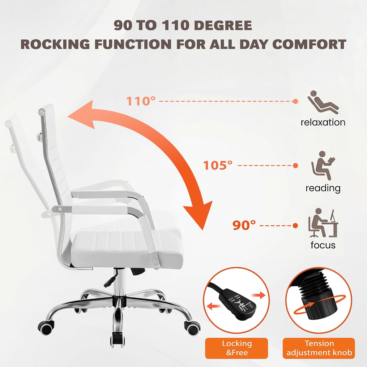 Furmax Ergonomic Office Desk Chair, Executive Ribbed Mid-Back PU Leather Conference Room Chair Adjustable Swivel Chair with Arms (2, White)