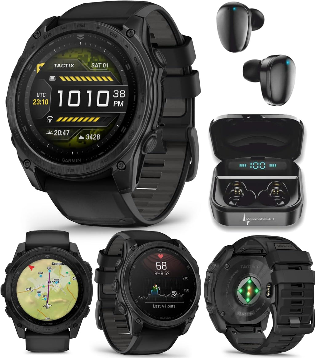 Garmin Tactix 8, 51mm AMOLED Display, Titanium Bezel, Sapphire Lens, Premium Tactical GPS Smartwatch, Includes Applied Ballistics Ultralight Solver, 40M Dive Rating w/Wearable4U Black Earbuds Bundle