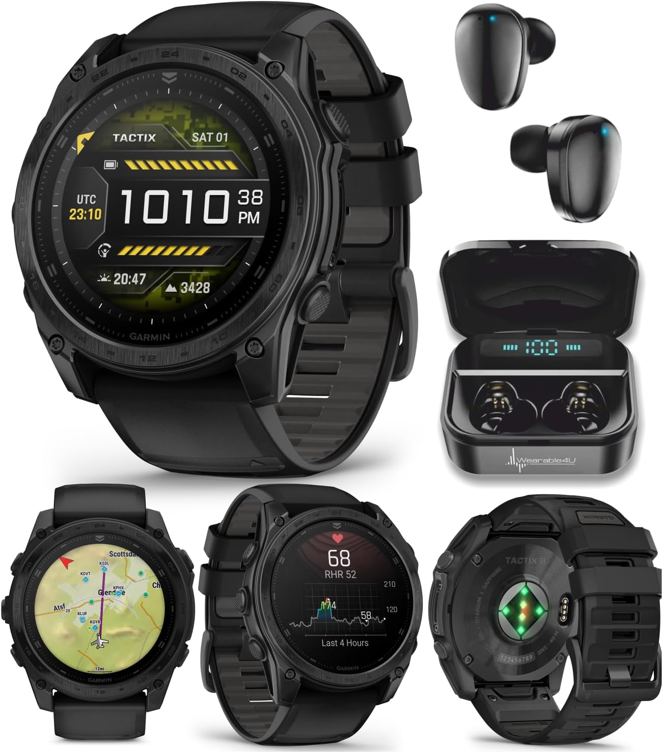 Garmin Tactix 8, 51mm AMOLED Display, Titanium Bezel, Sapphire Lens, Premium Tactical GPS Smartwatch, Includes Applied Ballistics Ultralight Solver, 40M Dive Rating w/Wearable4U Black Earbuds Bundle