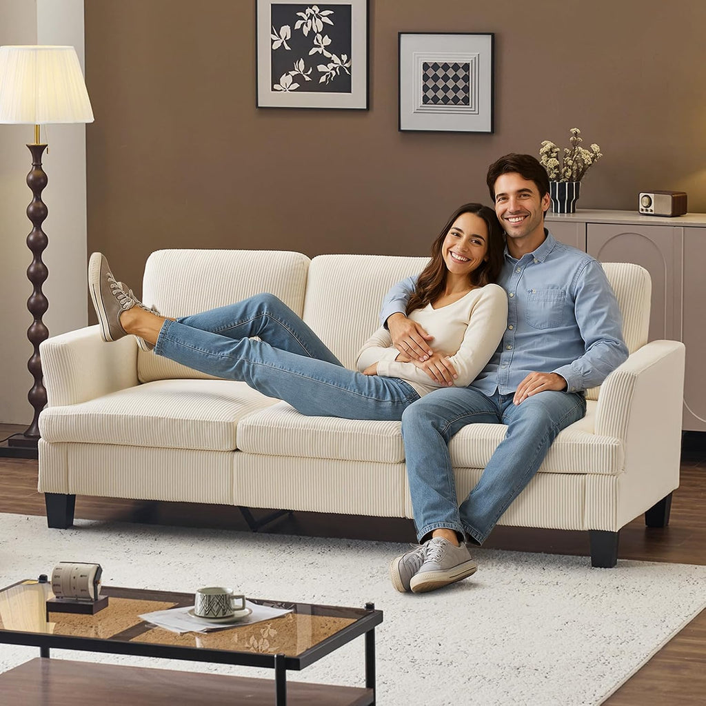 VINGLI Beige 83' Sofa Couches for Living Room, Corduroy Modern Comfy 3 Seater Couch 25.6' Deep Seat Upholstery Cozy Sofas for Small Space, Bedroom, Apartment, Home Office