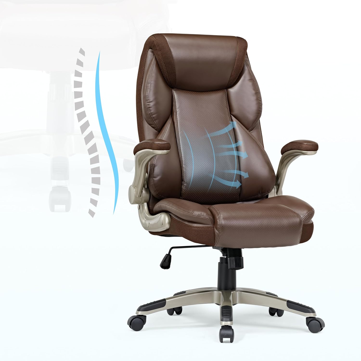EUREKA ERGONOMIC Galene Executive Office Chair Flip Up Arm Rest, Ergonomic Desk Chair Faux Leather Computer Chair, High Back Office Chair with Headrest, Home Office Desk Chairs with Wheels, Brown