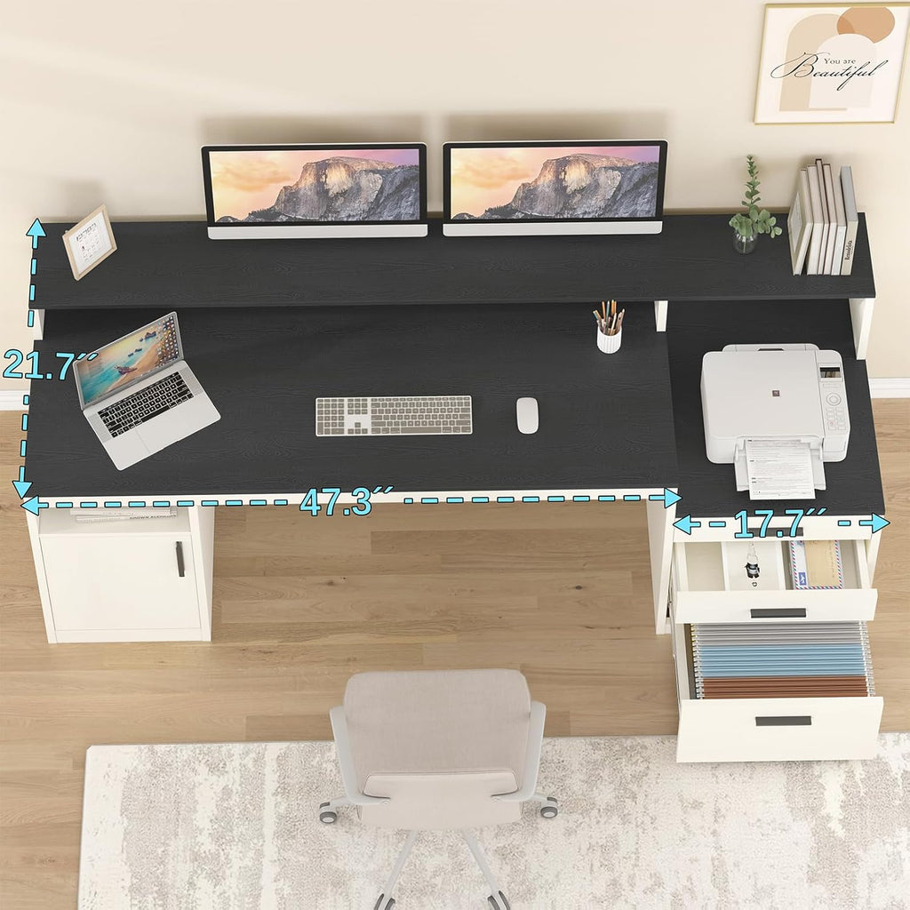 YOMILUVE 65 Inch Computer Desk with 3 Drawers & Storage Shelves, Executive Desk with File Drawer & Cabinet, Home Office Desk with Long Monitor Stand & Printer Shelf, Black & White