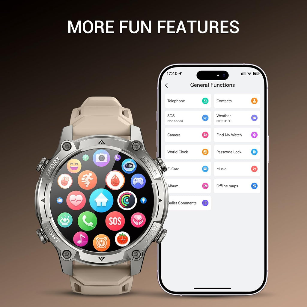 Smart Watch for Men, with GPS, Offline Maps, Heart Rate, Blood Oxygen, Stress, Sleep Monitor, 178 Sports Modes, 5ATM Waterproof Round Watch, 1.43-inch AMOLED Display, Compatible Android and iOS Khaki